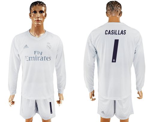 Real Madrid #1 Casillas Marine Environmental Protection Home Long Sleeves Soccer Club Jersey